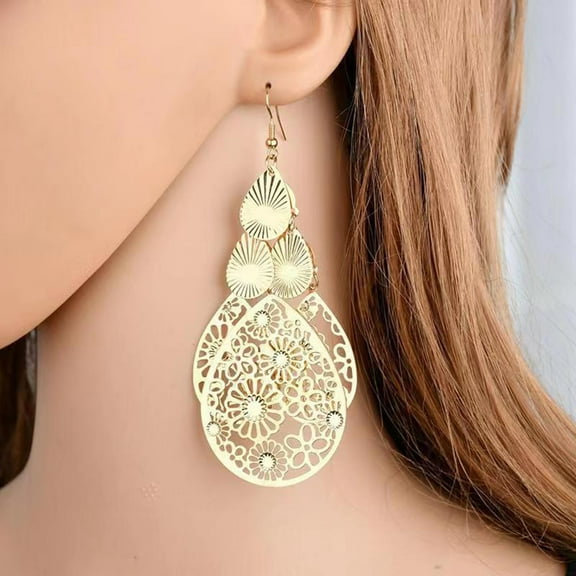 Eosunjian 1 Pair Hook Earrings Exaggerated Retro Geometric Elegant Hollow Flowers Waterdrop Pendant Women Dangle Earrings Fashion Jewelry Black