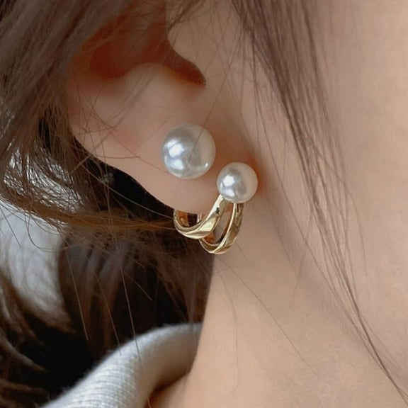 Eosunjian 1 Pair Huggie Earrings Faux Pearl C-shape French Style Retro Hollow Anti-allergy Electroplated Lightweight Stainless Ear Decoration Jewelry Commute Earrings Golden