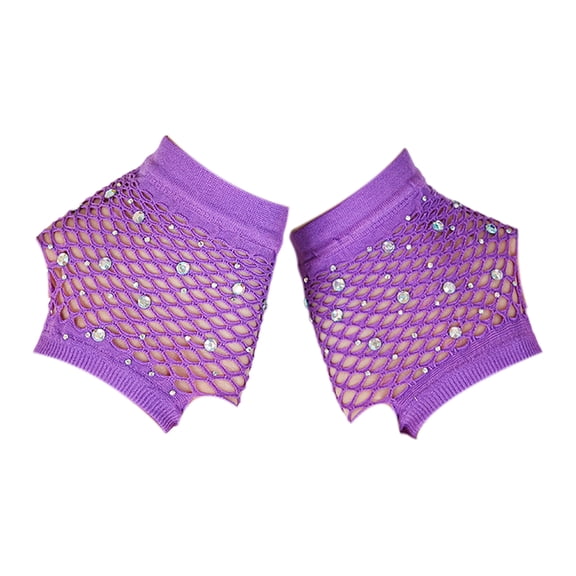 Eosunjian 1 Pair Performance Gloves Hollow Out Fishnet Thin Rhinestone Decor High Elasticity Fingerless Thin See-through Cosplay Club Party Festivals Gloves (Purple)