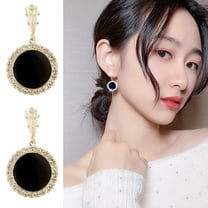 Eosunjian 1 Pair Stud Earrings Geometric Black Elegant Temperament Luxury Rhinestone Inlaid Round Dangle Earrings Fashion Jewelry Black