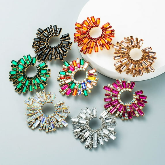 Eosunjian 1 Pair Stud Earrings Sunflower-shaped Multicolor Rhinestones Jewelry Vintage Bohemian Earrings for Beach Red