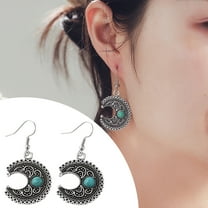 Eosunjian 1 Pair Women Dangle Earrings Ethnic Crescent Shape Retro Bohemian Style Faux Turquoise Stainless Alloy Ear Decoration Jewelry Long Hanging Earrings Blue