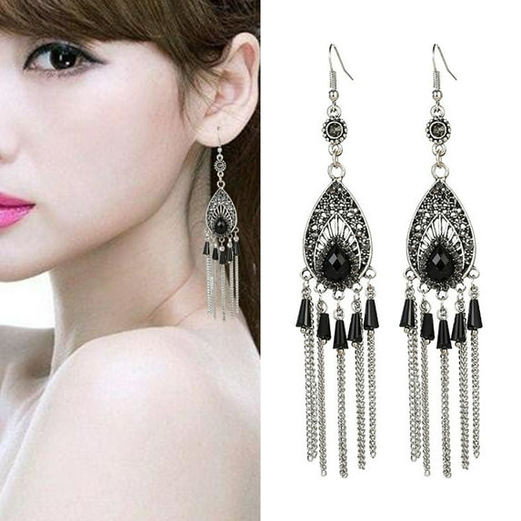 Eosunjian 1 Pair Women Earrings Drop-shaped Long Tassel Rhinestone Inlaid Sweat-proof Anti-rust Chinese Style Drop Earrings Fashion Jewelry Green