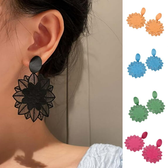 Eosunjian 1 Pair Women Earrings Hollow Out Flower Shape Jewelry Vintage Exaggerated Drop Earrings for Banquet Dark Orange