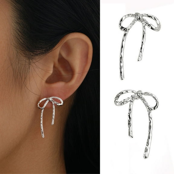Eosunjian 1 Pair Women Earrings Irregular Bow Shape Vintage Alloy Electroplated Ear Jewelry Lady Prom Cocktail Party Ear Stud Daily Stud Earrings Silver