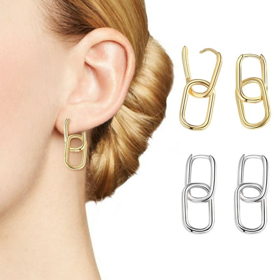 Eosunjian 1 Pair Women Earrings Paper Clip Shape Geometric Polished Copper Pure Color Hollow Out Daily Commute Ear Jewelry Short Hanging Earrings Golden