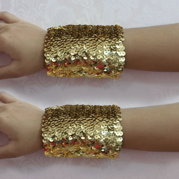 Eosunjian 1 Pair Women Girls Shiny Sequins Bracelets Stretchy Sparkling Bracelet Cuffs Cosplay Dance Party Props Yellow
