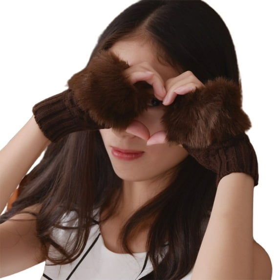 Eosunjian 1 Pair Women Gloves Solid Color Fuzzy Plush Warm Winter Mittens for Daily Wear (Coffee)