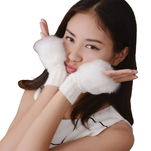 Eosunjian 1 Pair Women Gloves Solid Color Fuzzy Plush Warm Winter Mittens for Daily Wear (White)