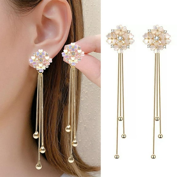 Eosunjian 1 Pair Women Hanging Earrings 3D Clover Shape Tassel Faux Crystal Electroplated Anti-allergy Lightweight Ear Decoration Jewelry Party Prom Long Dangle Earrings Golden
