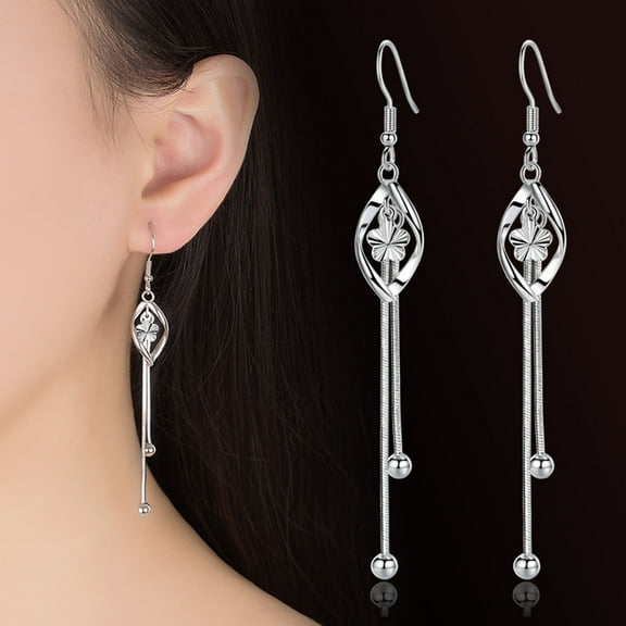 Eosunjian 1 Pair Women Hanging Earrings Long Tassel Exaggerated Hollow Out Flower Lightweight Anti-slip Ear Jewelry Lady Prom Cocktail Party Dating Dangle Earrings Silver