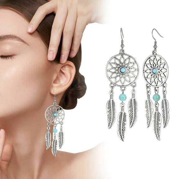 Eosunjian 1 Pair Women Hook Earrings Hollow Out Feather Round Shape Retro Bohemian Style Beads Stainless Alloy Ear Decoration Jewelry Long Hanging Earrings Dangle Earrings Blue