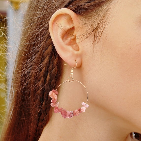 Eosunjian 1 Pair Women Hook Earrings Irregular Natural Stone Electroplated Big Circle Ear Decoration Jewelry Lady Prom Hoop Earring Vacation Party Dangle Earrings Pink