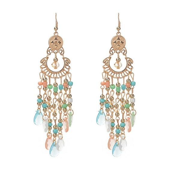 Eosunjian 1 Pair Women Hook Earrings Vintage Ethnic Style Exaggerated Hollow Out Beads Waterdrop Shape Bohemian Ear Decoration Jewelry Vacation Earrings Hanging Earrings Dark Pink