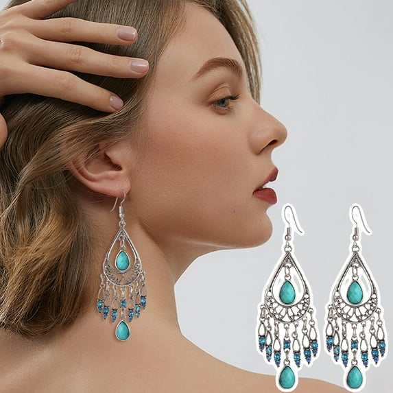 Eosunjian 1 Pair Women Hook Earrings Vintage Ethnic Style Exaggerated Hollow Out Rhinestone Waterdrop Shape Bohemian Ear Decoration Jewelry Vacation Earrings Hanging Earrings Blue