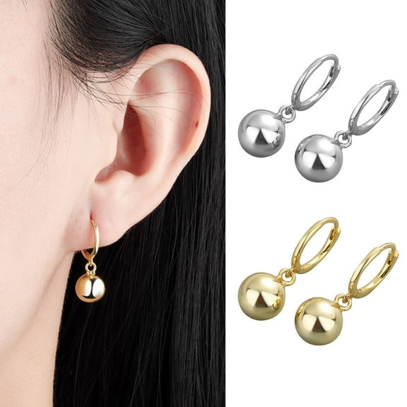 Eosunjian 1 Pair Women Hoop Earrings Solid Color Short Lightweight Ball Pendant Dangle Earrings Birthday Gift Golden