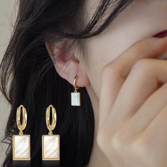 Eosunjian 1 Pair Women Huggie Earrings Anti-allergy Luster Geometric Oblong Shape Contrast Color Ear Decoration Stainless Colorfast Lady Hanging Earrings Ear Jewelry Golden