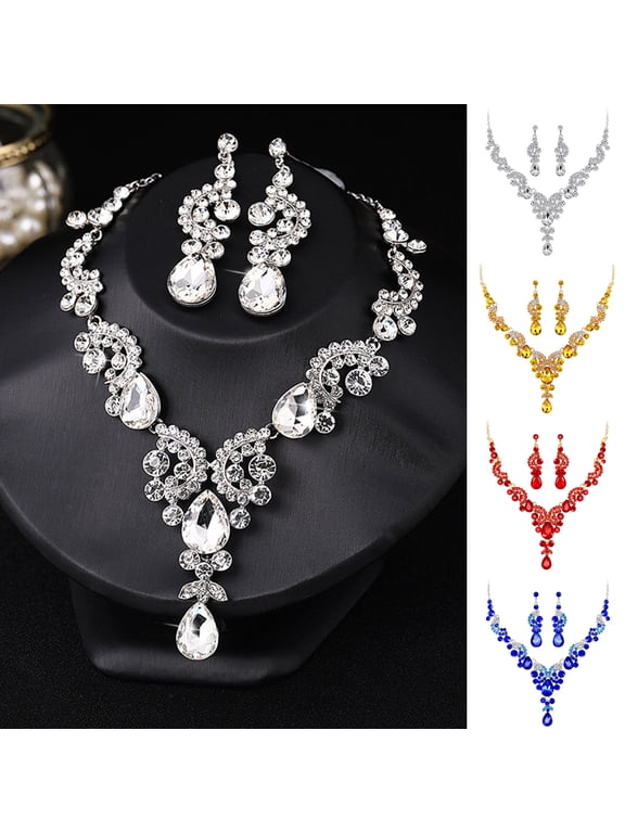 1 Set Jewelry Set Necklace Earrings Luxurious Rhinestone Exquisite Sparkling Color Matching Pendant Necklace Long Hanging Earrings Bride Neck Ear Decoration Jewelry Silver