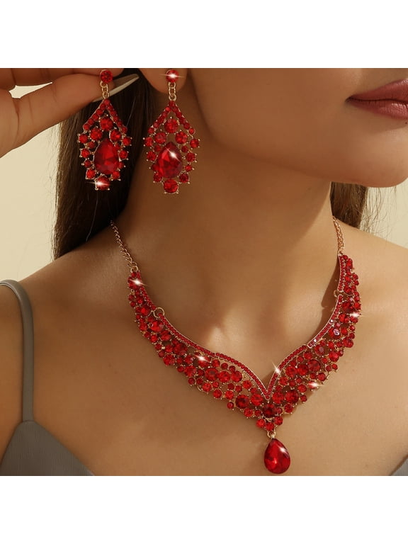 1 Set Necklace Earrings Set Rhinestone Necklace Earrings Prom Wedding Party Bride Symmetric Dangle Earrings Formal Occasions Neck Jewelry Set Red
