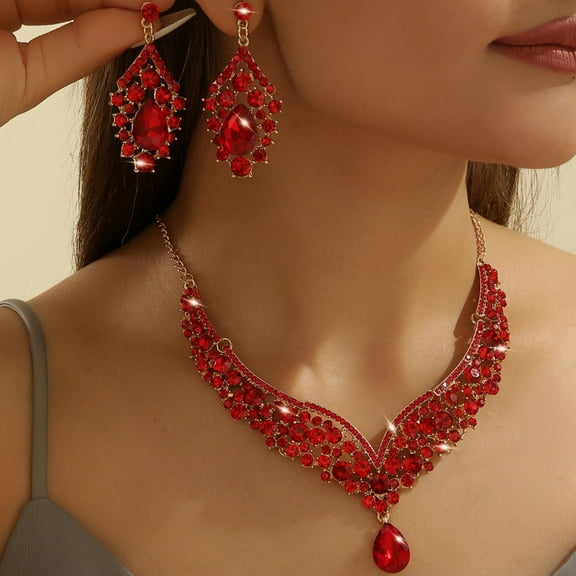 Eosunjian 1 Set Necklace Earrings Set Rhinestone Necklace Earrings Prom Wedding Party Bride Symmetric Dangle Earrings Formal Occasions Neck Jewelry Set Red