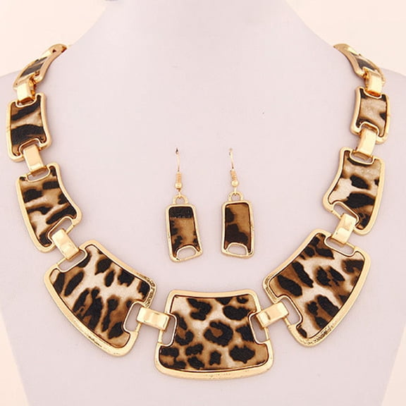 Eosunjian 1 Set Statement Necklace Exaggerated Big Luxury Elegant Retro Leopard Women Hook Earrings Kit Fashion Jewelry Leopard