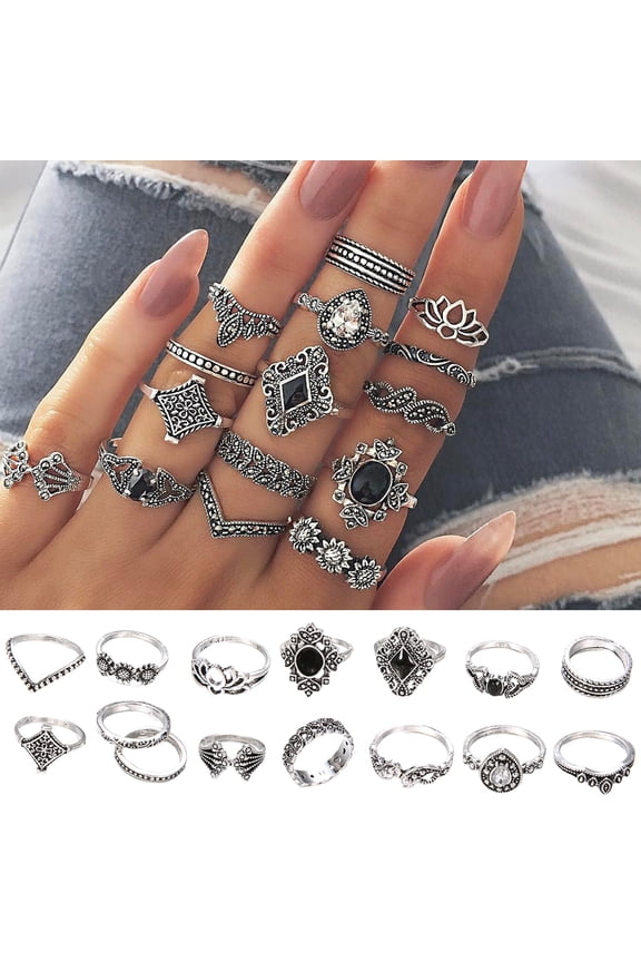 15 Pcs Bohemian Retro Rings Set for Women Crystal Flower Leaves Hollow Lotus Knuckle Finger Rings Exquisite Metal Ring Wedding Jewelry Gifts Sets
