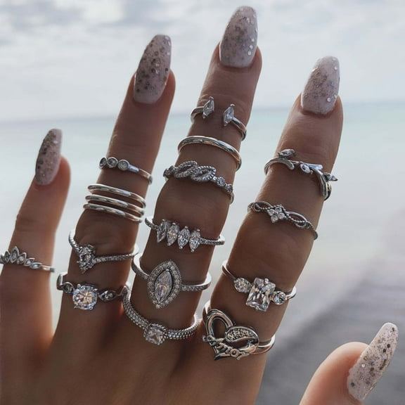 Eosunjian 15Pcs/Set Finger Ring Individuality Creative Alloy Different Patterns Rhinestone Rings for Daily Life Silver