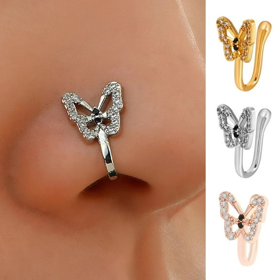 Eosunjian 1Pc U-Shaped False Nose Ring Butterflies Shape Nose Stud Shining Rhinestone Inlaid Non-piercing Nose Clip Jewelry Gift Rose Gold