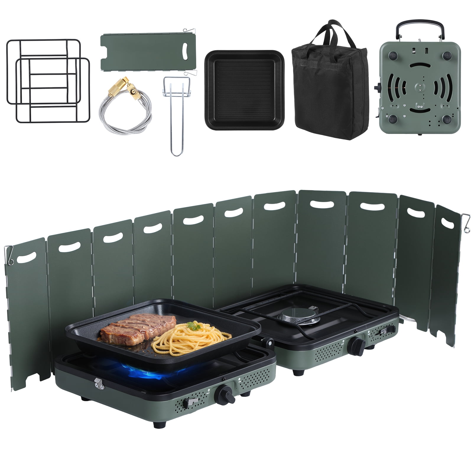 Eosunjian 2 Burner Camping Stove,Portable Folding Gas Stove with Windshield,Frying Pan, Carrying Bag 20000 Btu Propane Stove,Windproof Portable Stove _Green