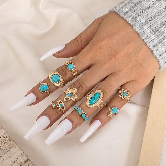 Eosunjian 20Pcs/Set Vintage Bohemian Open End Adjustable Ring Set Crown Eagle Shape Faux Turquoise Knuckle Rings Fashion Jewelry Gift Silver