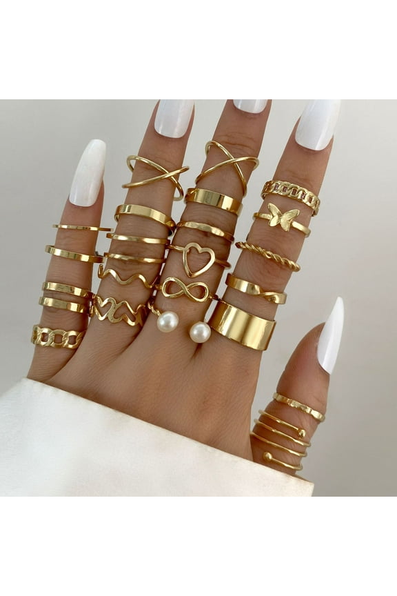 22Pcs/Set Women Rings High Gloss Polished Hypoallergenic Assorted Alloy Gift Fashion Jewelry Hollow Love Heart Finger Opening Rings for Party Silver