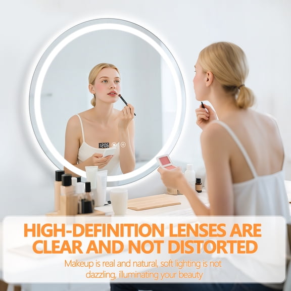 Eosunjian 24" Round Wall Mounted Makeup Mirror with LED Light,Portable Bathroom Mirror Anti-Fog Makeup Vanity Mirror with Touch Switch