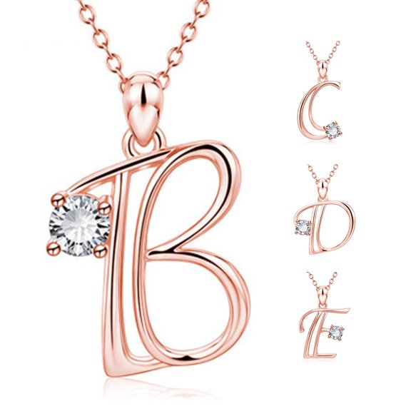 Eosunjian 26 Capital Letter Pendant Necklace Cubic Zirconia Rose Gold Jewelry Accessory