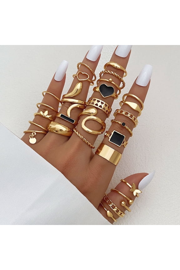 27 Pcs/Set Women Ring Set Multi Shapes Retro Smooth Heart Geometric Adjustable Open Ring Prom Party Daily Lady Finger Jewelry Golden