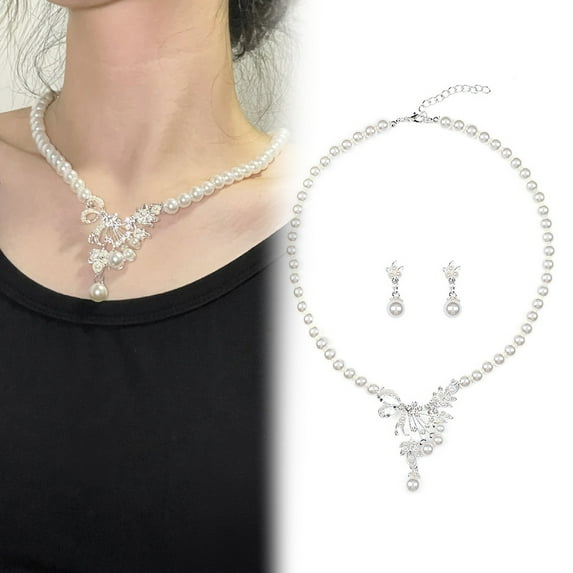 Eosunjian 2Pcs/Set Wedding Rhinestone Flower Pendant Jewelry Set Imitation Pearl Adjustable Necklace Drop Earrings Set Golden