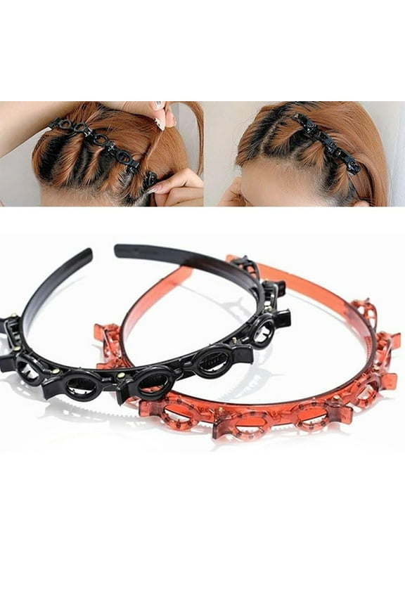2Pcs Women Headband with Clips Double Layer Design Anti-slip Hairband Bang Braided Hair Hoop Hair Accessories Brown 2pcs