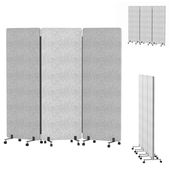 Eosunjian 3-Panel Folding Room Divider,Rolling Soundproof Privacy Screen with Wheels,Fiberboard,Light Grey,72x66in
