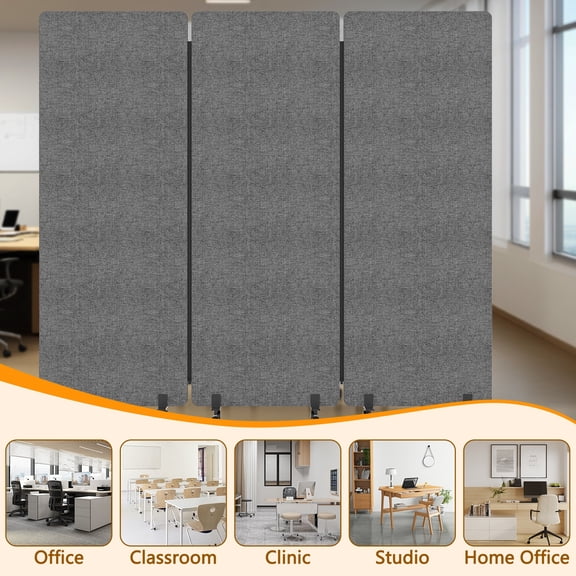 Eosunjian 3 Panel Room Divider Panel Soundproof Room Divider with Wheels,Freestanding Folding Partition Privacy Screen,Rolling Office Divider Room Separator,72x66in,Dark Gray