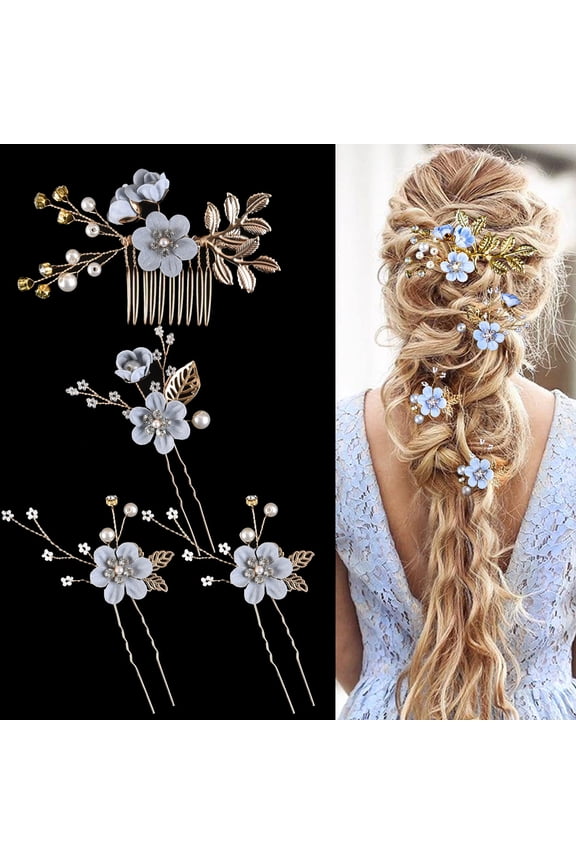 4Pcs/Set Faux Pearl Flower Decor Hairpins Hair Sticker Side Comb Wedding Bride Insert Hair Clips Hair Jewelry Bridal Headwear