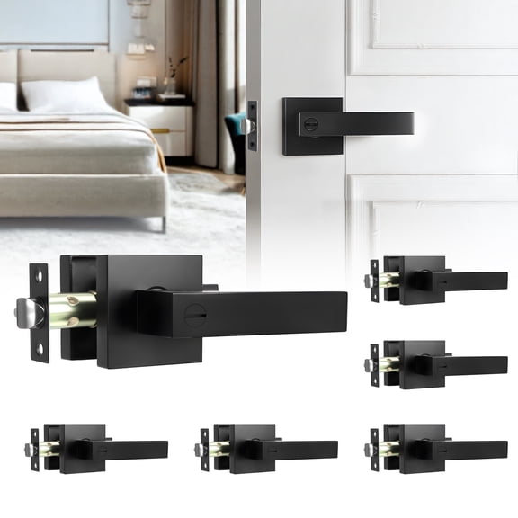 Eosunjian 6 Pack Matte Black Door Handles, Keyless Interior Door Knobs, Home Improvement Keyless Privacy Door Lock for Bedroom Bathroom