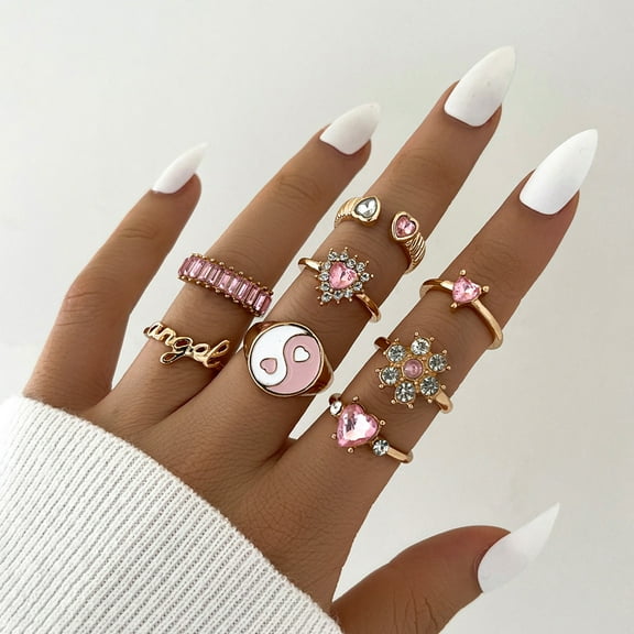 Eosunjian 8Pcs Knuckle Rings Tai Chi Punk Women Exquisite Sparkling Rings Fashion Jewelry Pink
