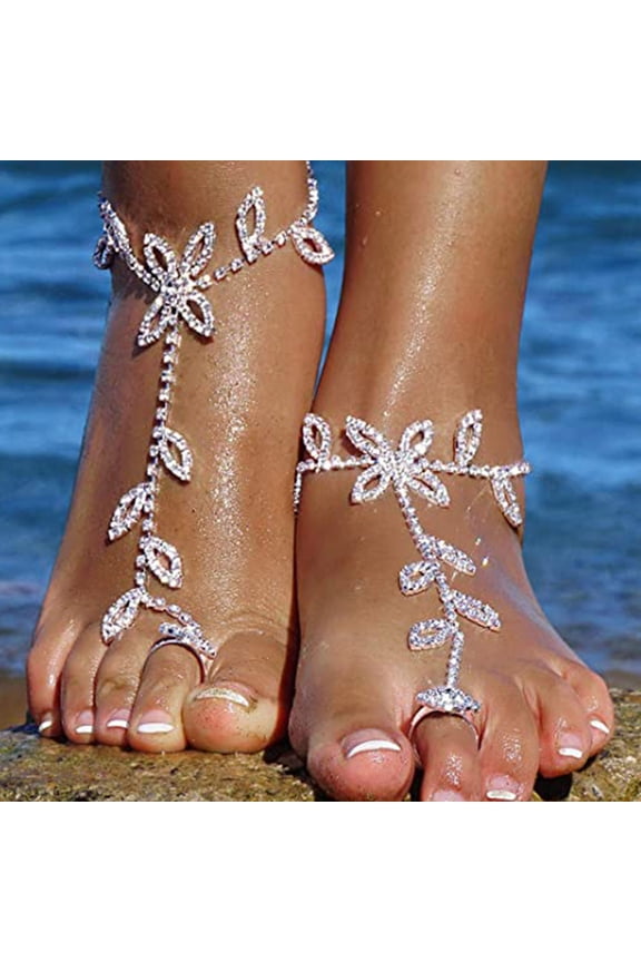 Adjustable Extended Chain Women Anklet Shining Rhinestone Leaves Foot Chain with Toe Ring Foot Jewelry Silver