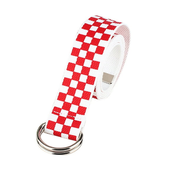 Eosunjian Casual Men Women Checkerboard Canvas D Ring Belt Plaid Waist Strap Waistband Red