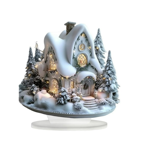 Eosunjian Christmas Acrylic Desktop Ornament Flat Snowy Cabin Ornament with Base Christmas Village Log Cabin Ornament for Holiday Table Decor