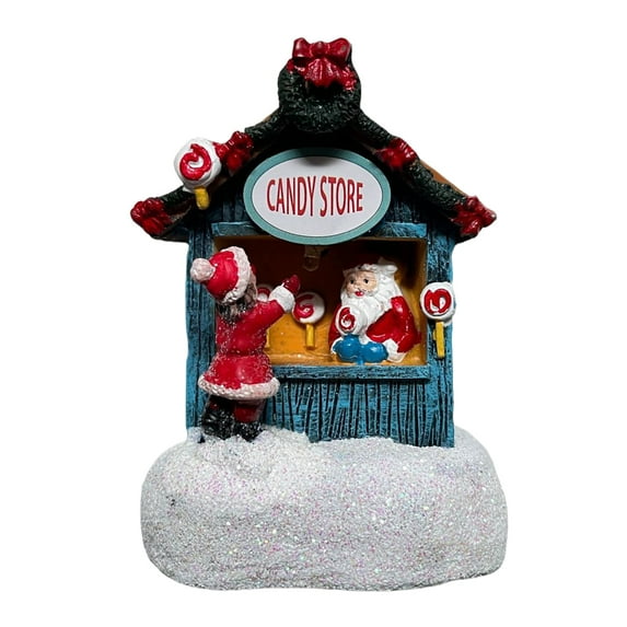 Eosunjian Christmas Winter Village House Ornaments Mini Light-up Christmas Shop with Santa Resin Desktop Figurine Holiday Home Decor