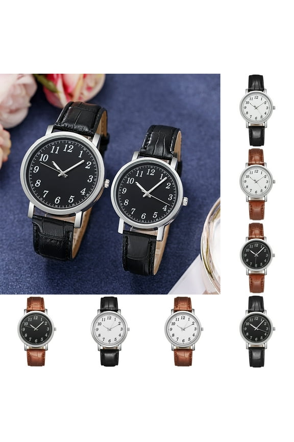 Couple Watch Round Battery Operated Faux Leather Strap Elegant 3-Hand Birthday Gift Adjustable Men Women Quartz Wrist Watch Fashion Jewelry Black White