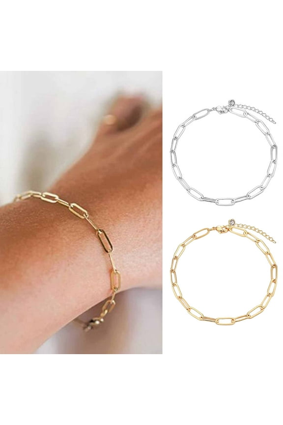 Creative Oval Paper Clip Bracelet Extension Chain Adjustable Bangle Rhinestones Inlaid Simple Bracelet Fashion Accessories Golden