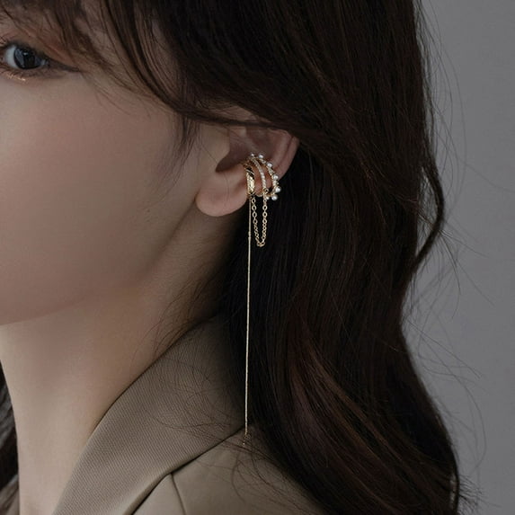 Eosunjian Cuff Earrings Chain No Piercing Clip Design Simple Stylish Non-allergenic Comfortable to Wear Faux Pearl Ear Bone Clip Silver