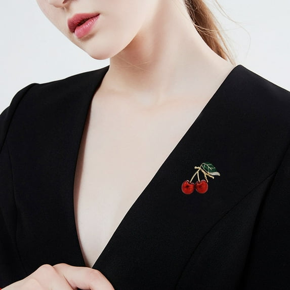 Eosunjian Cute Cherry Rhinestone Brooch Enamel Vivid Cherry Leaf Vibrant Color Pin Shawl Scarf Lapel Badge Fashion Dress Accessories Red