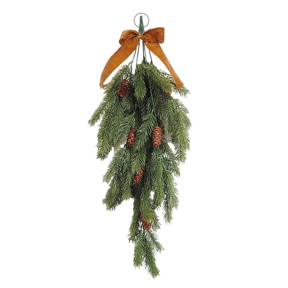 Eosunjian Durable Plastic Christmas Swag Christmas Teardrop Swag Artificial Norfolk Pine Branch Door Decoration with Faux Pine Cones Bow for Indoor Outdoor